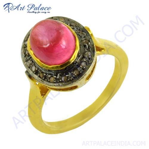 Indian Deisgner Gold Plated Silver Diamond & Glass Feed Ruby Ring