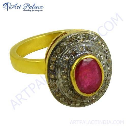 Feminine Unique Design Diamond & Ruby Gold Plated Silver Ring