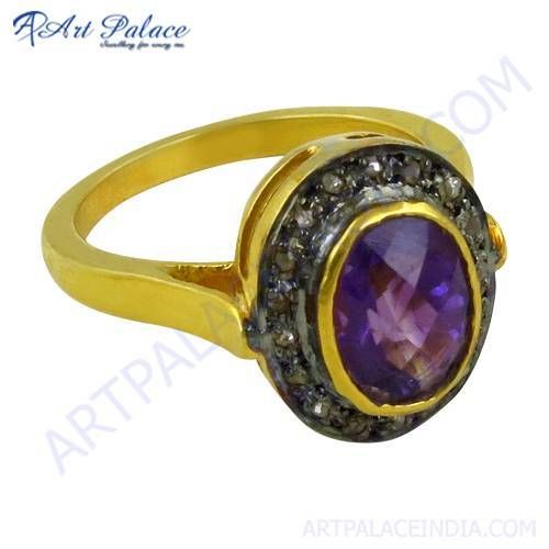 Truly Designer Amethyst & Diamond Gold Plated Silver Victorian Ring