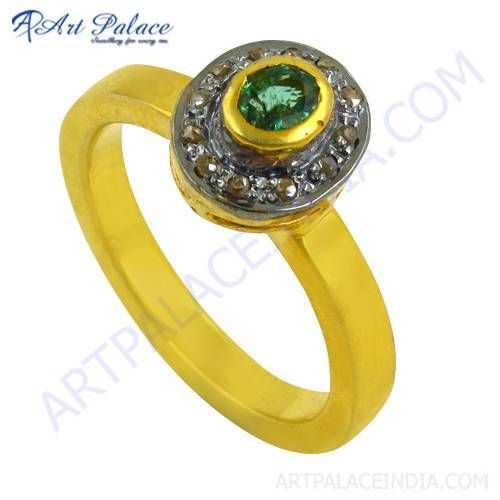 Diamond & Emerald Gold Plated Silver Ring