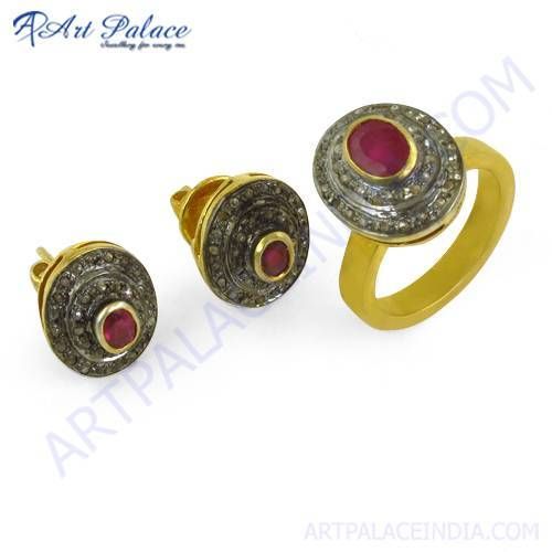 Traditional Designer Diamond & Ruby Gold Plated Silver Ring & Earring Set