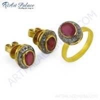 Victorian Designer Diamond & Ruby Gold Plated Silver Ring & Earring Set Jewelry