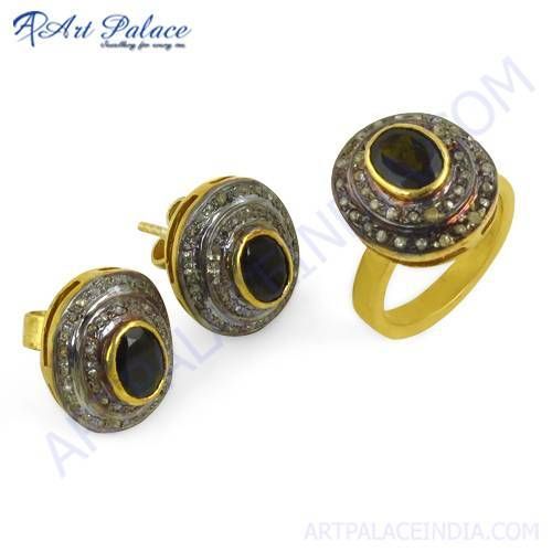 Fabulous Gold Plated Silver Ring & Earring Set With Diamond & Tourmaline