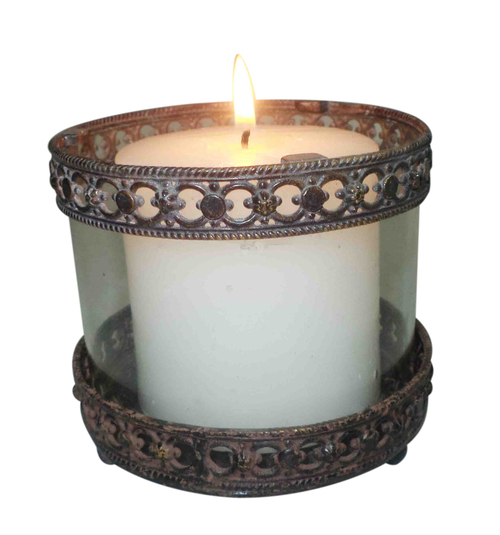Designer Hurricane - Metal And Glass, 5x5x7 Inches, Bronze | Patina Finish, Elegant Candle Holder, Ambient Lighting