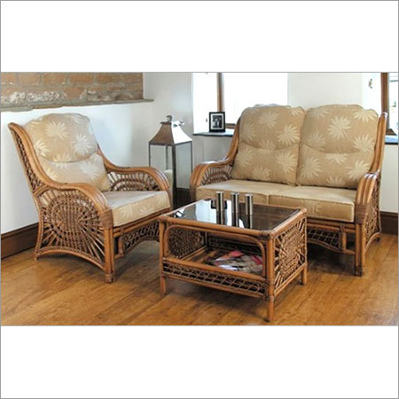 Sofa Set - Indian Cane, Glossy Gala Polish, Modern Style | Cushioned, Comfortable Seating, Durable Cane