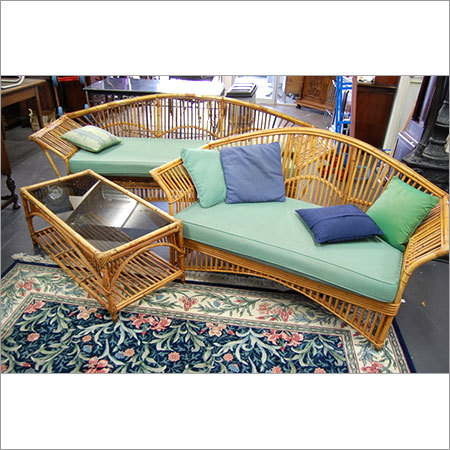 Tea Table Set - Indian Cane, Three Seater Sofa with Glass Center Table | Cushioned, Glossy Finish, Stylish, Comfortable
