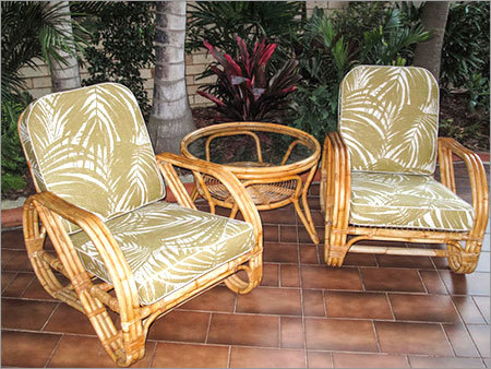 Tea Table Set - Indian Cane, Gala Polish, Vintage Style | Glossy Finish, Glass Top, Cushioned Seating