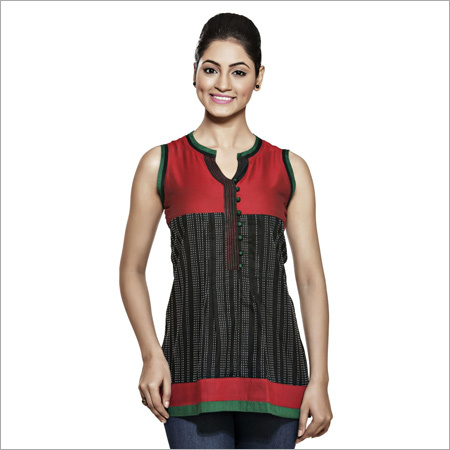 Short Kurtis - Cotton Blend, 24 Inches, Red | Stylish Design, Comfortable Fit, Versatile Style, Sleeveless, V-Neck, Solid with Stripes