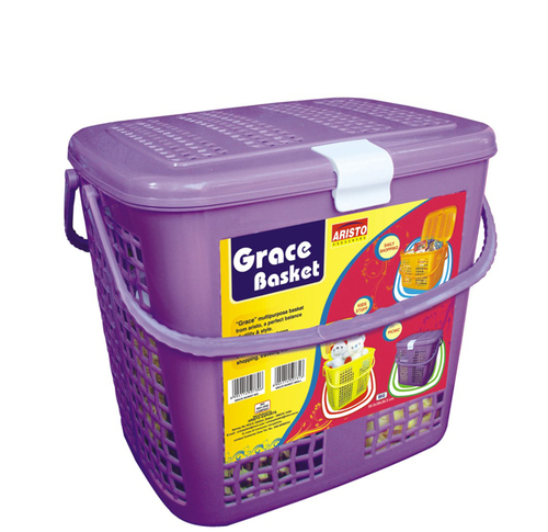 Grace Basket Big - Plastic, 39.5x30x36.5 cm, Purple | Large Capacity, Snap-on Lid, Side Handles