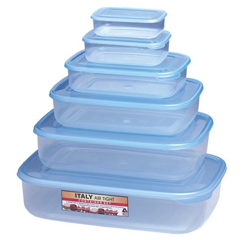 Italy 6 pcs Set - Plastic, Stackable Rectangular Containers, Light Blue | Airtight Seals, Space Saving, Easy Cleaning
