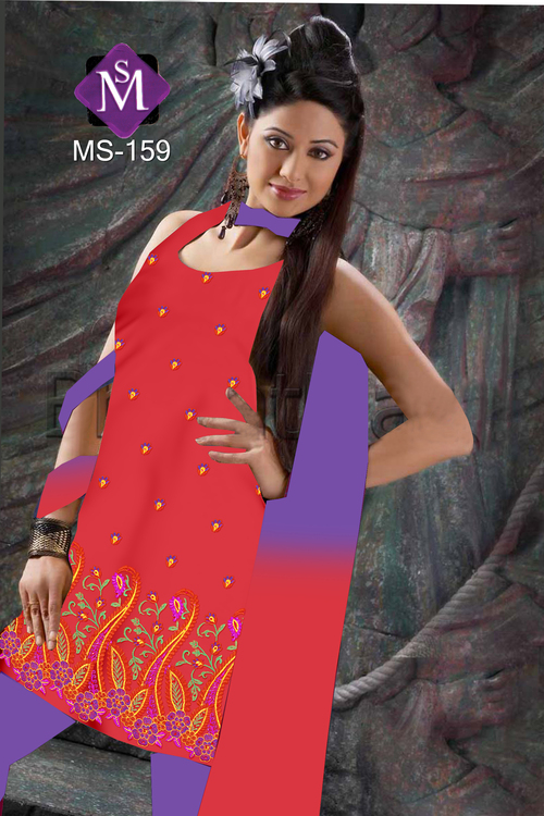 Salwar Kameez 159 - Cotton, 45 Inch, Red | Handwork Embroidery, Floral Pattern, Stylish Design, Perfect Fit