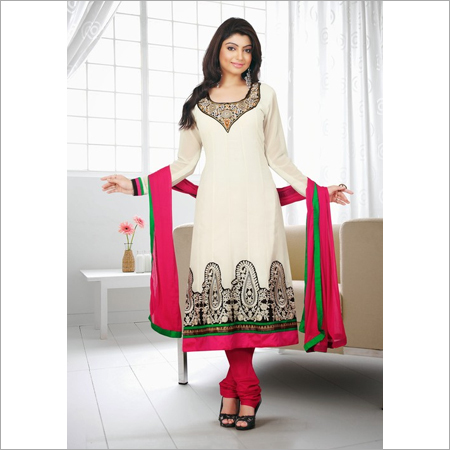 Indian Anarkali Salwar Suit - Georgette, Santoon, Chiffon, Sizes 34-44, Off White | Embroidered Patch Work, Full Sleeves, Party Festival Wear