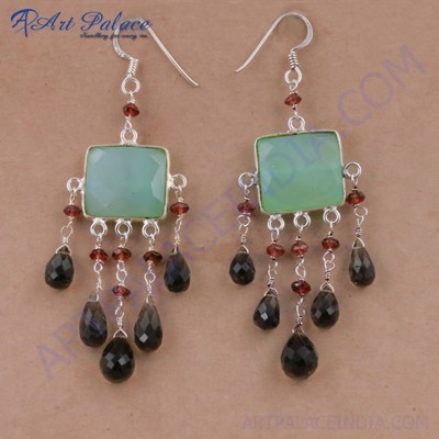 Unique Style Aqua Calchydony & Garnet Gemstone Silver Beaded Earrings