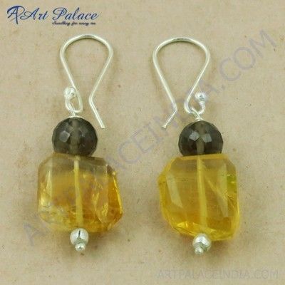 Fashion Accessories Citrine & Smokey Quartz Gemstone Silver Beaded Earrings