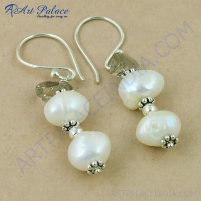 Celeb Style Pearl & Smokey Quartz Beaded Silver Earrings