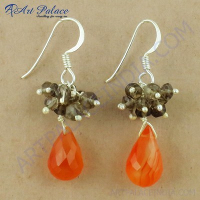 Gracious Fashionable Carnelian & Smokey Quartz Gemstone Beaded Silver Earrings