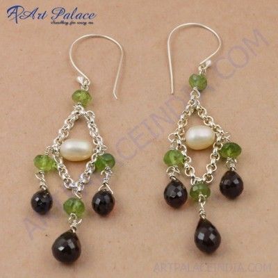 Party Wear Designer Pearl, Peridot & Smokey Quartz Gemstone Silver Beaded Earrings