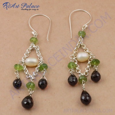 Party Wear Designer Pearl, Peridot & Smokey Quartz Gemstone Silver Beaded Earrings