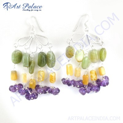 Famous Style Amethyst, Green Aventurine & Yellow Aventurine Gemstone Silver Earrings