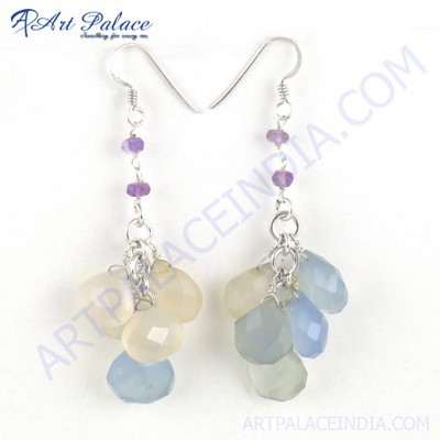 Fashion Jewelry Amethyst, Blue Chalcedony White Chalcedony Gemstone Silver Earrings