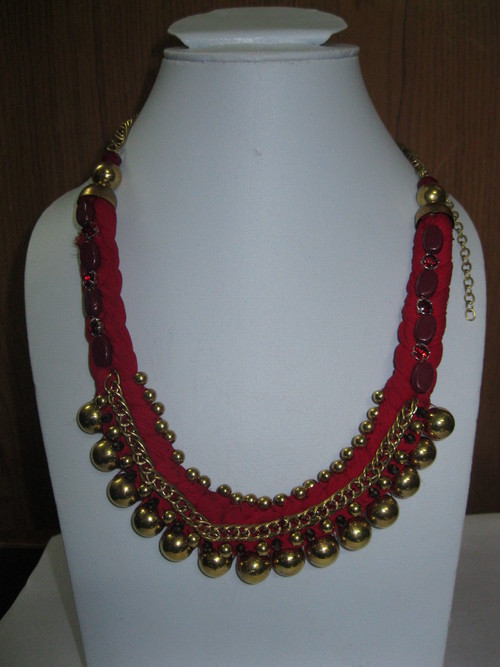 Beaded Necklace - Red Fabric With Glass and CCB Beads, 16 Inch Adjustable Chain, Elegant Design