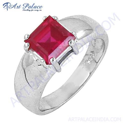 Elegant Fancy 925 Sterling Silver Gemstone Ring With Red Cubic Zirconia 