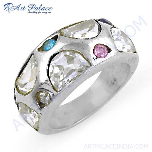 Charming Blue Topaz, Cubic Zirconia & Pink Cubic Zirconia Silver Ring