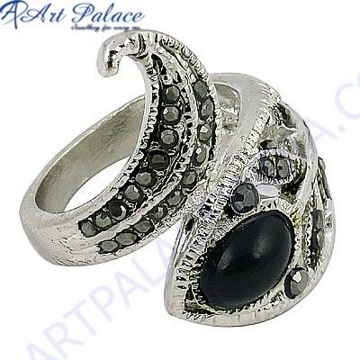 Hot Black Onyx & Gun Metal Gemstone Silver Marcasite Jewelry Ring