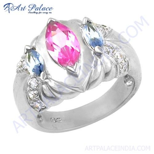 Charming Blue Topaz & Pink Cubic Zirconia & White Cubic Zirconia Gemstone Silver Ring