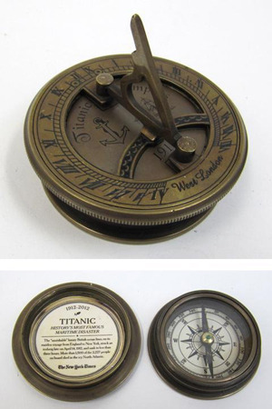 Engraved Brass Titanic Compass With Folding Sundial, Screw-On Lid, Hexagon Base