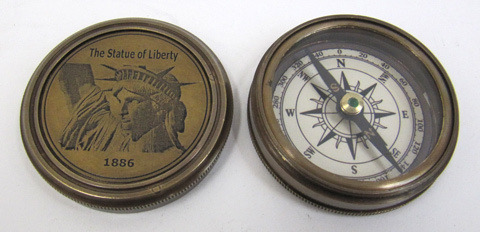 Engraved Brass Statue Of Liberty Compass, Screw-On Lid, Round Base