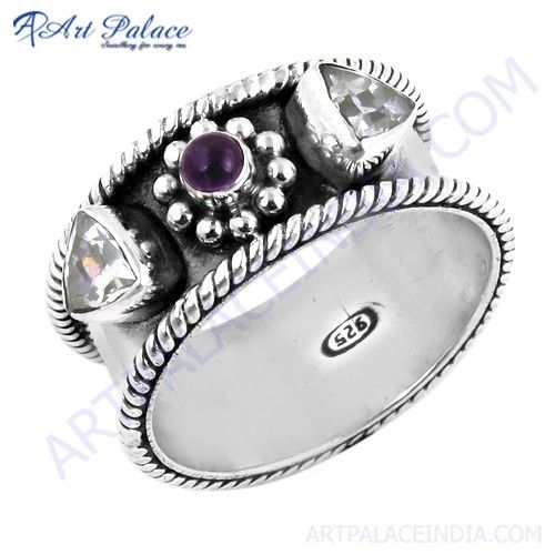 Top Quality Affrican Amethyst & Cubic Zirconia Gemstone Silver Ring