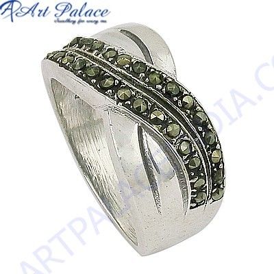 Bypass Style Gun Metal Gemstone Silver Marcasite Ring
