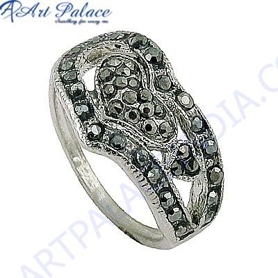 Truly Designer Gun Metal Gemstone Silver Marcasite Ring