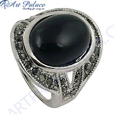 Cocktail Black Onyx & Gun Metal Gemstone Silver Marcasite Ring