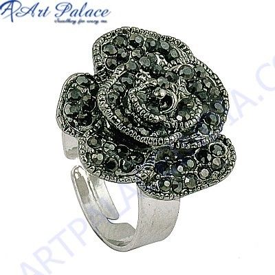 Cute Rose Style Gun Metal Gemstone Silver Marcasite Ring