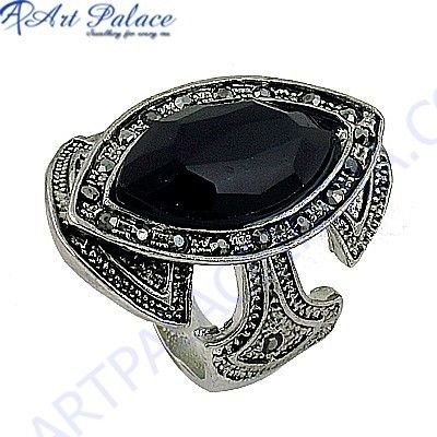 Ethnic Designer Black Glass & Gun Metal Gemstone Silver Marcasite Ring