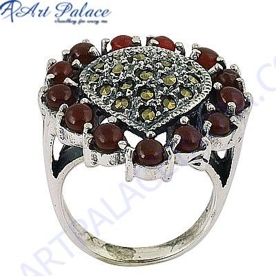 Heart Style Gun Metal & Red Onyx Gemstone Silver Marcasite Ring