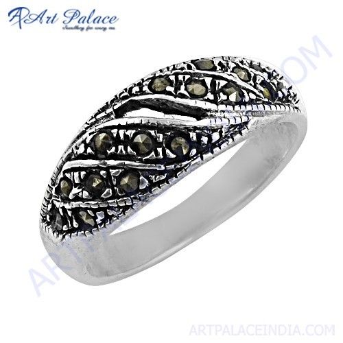 New Fashionable Gun Metal Gemstone Silver Marcasite Ring