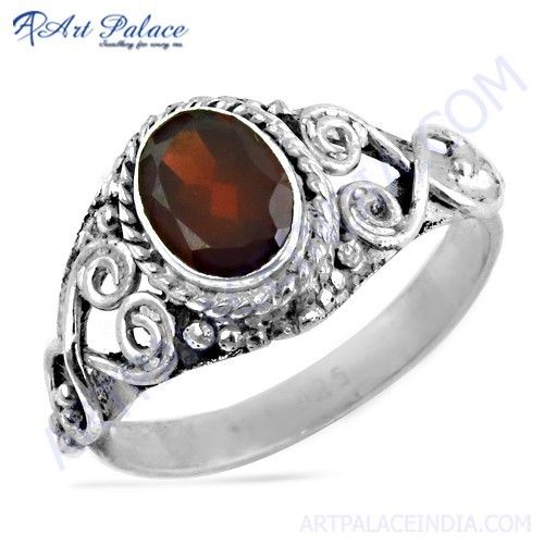 Indian Designer Garnet Gemstone Silver Ring