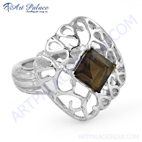 Fret Work Designer Smokey Quartz Gemstone Silver Ring