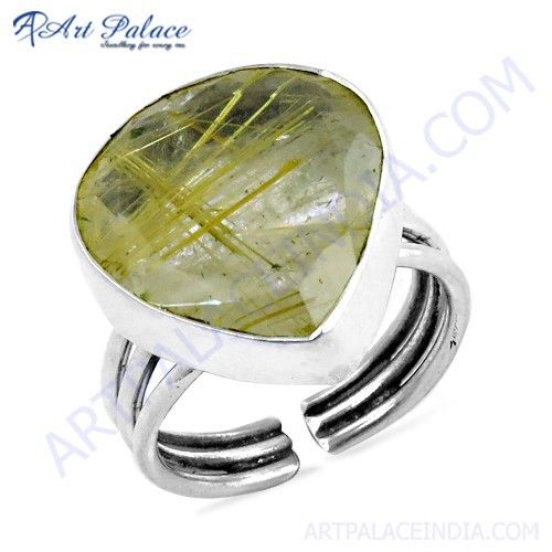 Heart Style Golden Rutil Gemstone Silver Ring