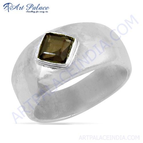 Delicate Square Smokey Quartz Gemstone Silver Ring