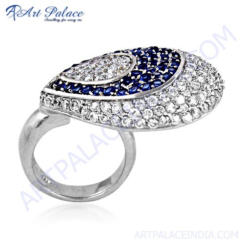 Feminine Unique Design Blue Glass & Cubic Zirconia Silver Ring