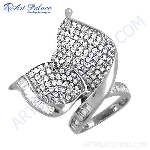 Leaf Design Silver Cubic Zirconia Gemstone Ring