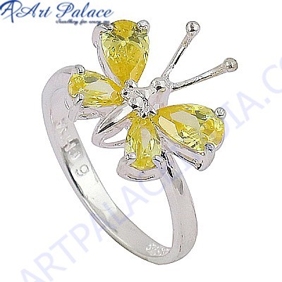 Butterfly Style Yellow Cubic Zirconia Gemstone Silver Ring