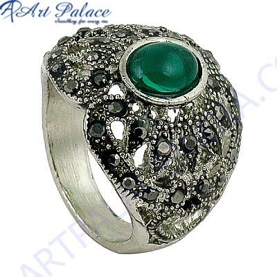 Royal Green Onyx & Gun Metal Gemstone Silver Ring