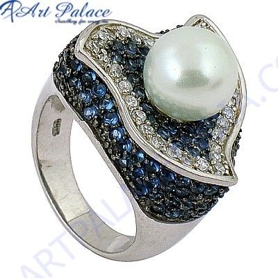 Antique Style Blue Cubic Zirconia & Cubic Zirconia  & Pearl Gemstone Silver Ring