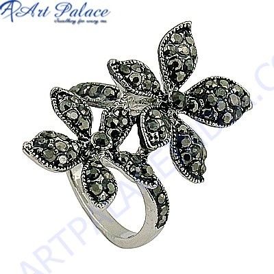 Designer Flower Shape Cubic Zirconia Gemstone Silver Marcasite Jewellery Ring