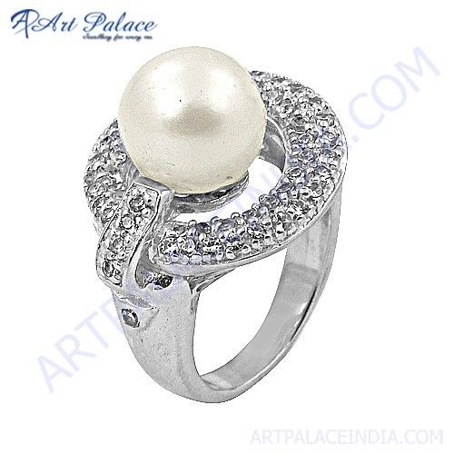 925 Sterling Silver Gold Plated Pearl Round Cabochon White Color Gemstone  Rings- CDR-1932
